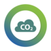 Icon von einer grünen Wolke mit CO2-Beschriftung in einem weißen Kreis mit grün-blauem Rand.